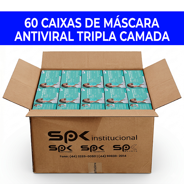 60 Caixas Máscara Descartável Adulto Antiviral Tripla Camada - Caixa Master