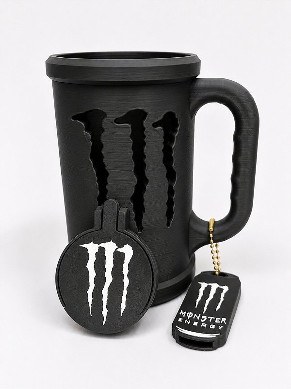 PORTA CANECA MONSTER PRETA + CHAVEIRO ABRIDOR + TAMPA