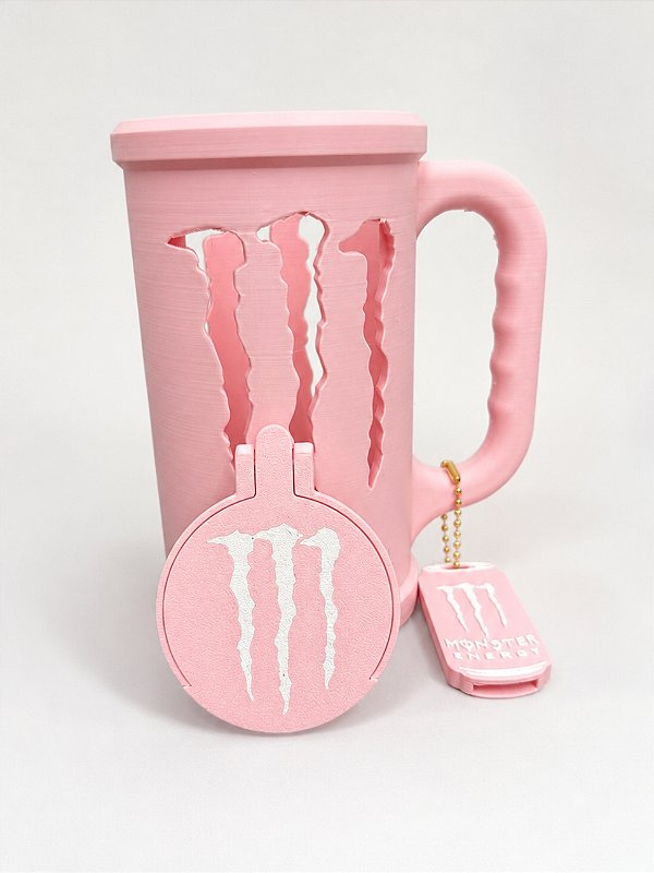 PORTA CANECA MONSTER ROSA + CHAVEIRO ABRIDOR + TAMPA