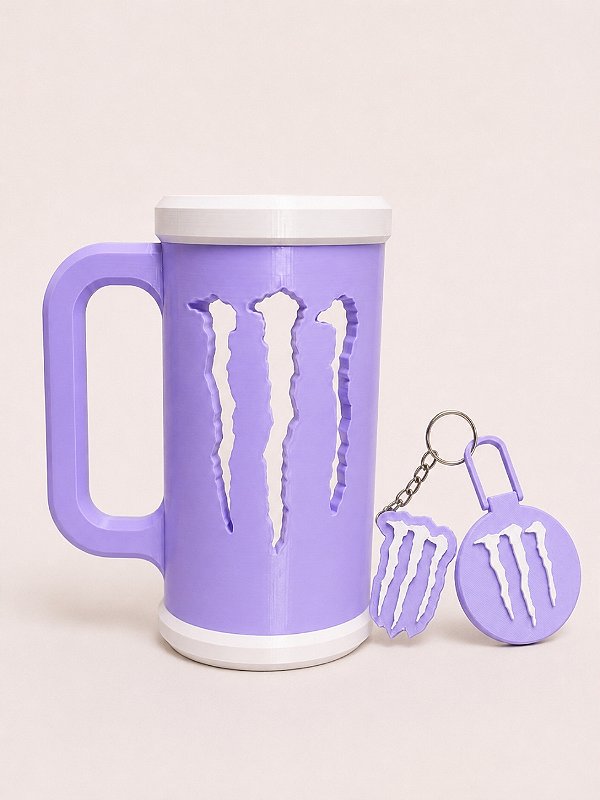 COMBO PORTA CANECA MONSTER ROXO E BRANCO