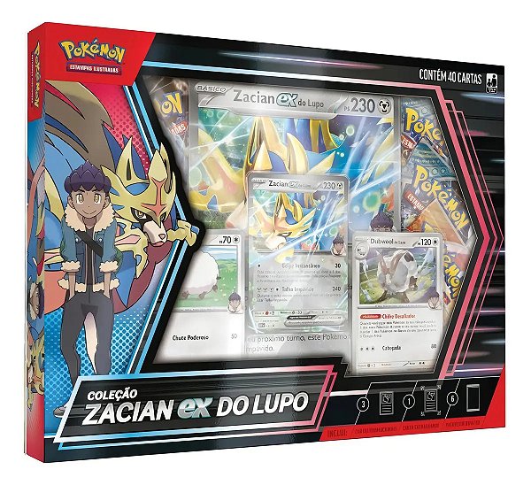 Pokémon Estampas Ilustradas Coleção Zacian Ex Do Lupo Com 40 Cartas E 6 Boosters Holográficos Português