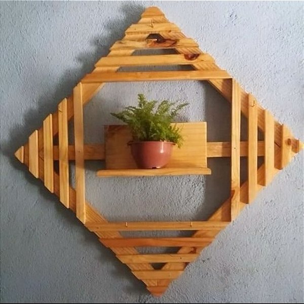 Floreira de madeira para vaso parede forma geométrica