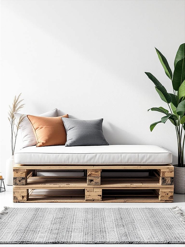 Puff pallet 120x80 com almofada branca em courino