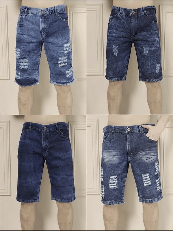 Kit com 4 Bermuda Masculina Jeans Detalhes Rasgos Variados