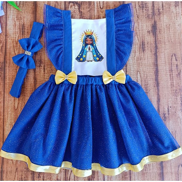 Vestido Infantil Temático Batizado Nossa Senhora de Aparecida Azul