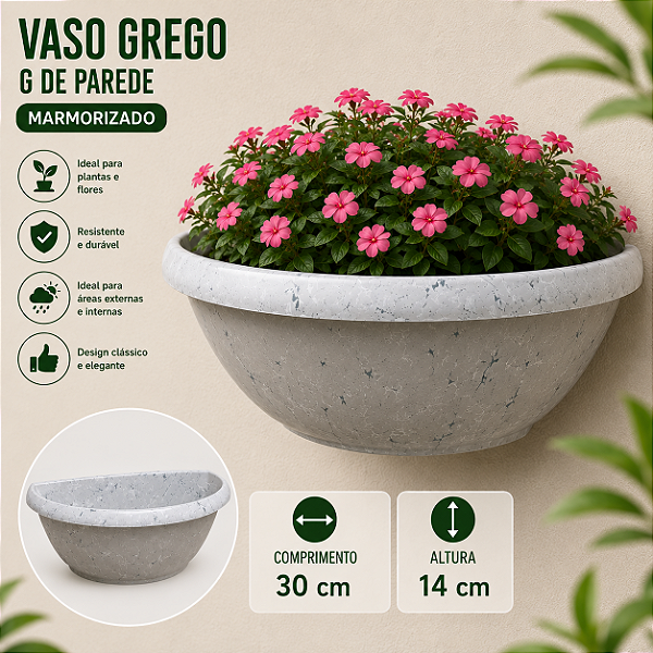 Vaso Grego Meia lua de Parede Marmorizado Plástico 2,8L 30X16X15CM 3UD