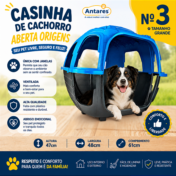 Casinha Cachorro Aberta N3 Antares Origens Ventilada Com Janela Azul