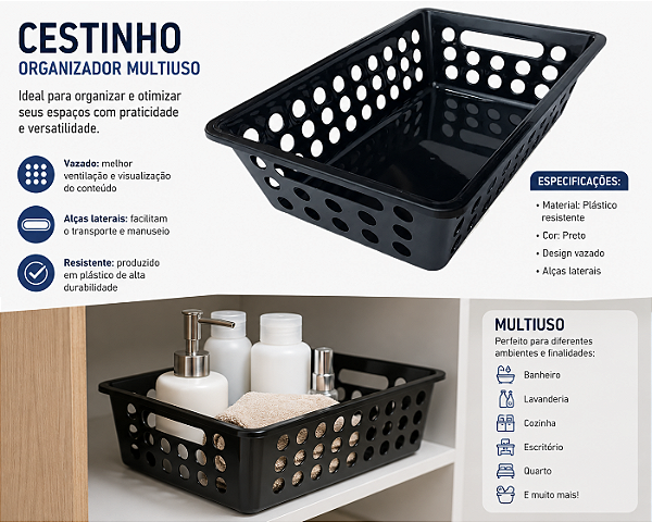 Cestinho Organizador Multiuso Pequeno Vazado Com Alças Preto 29x19x8CM 3UD
