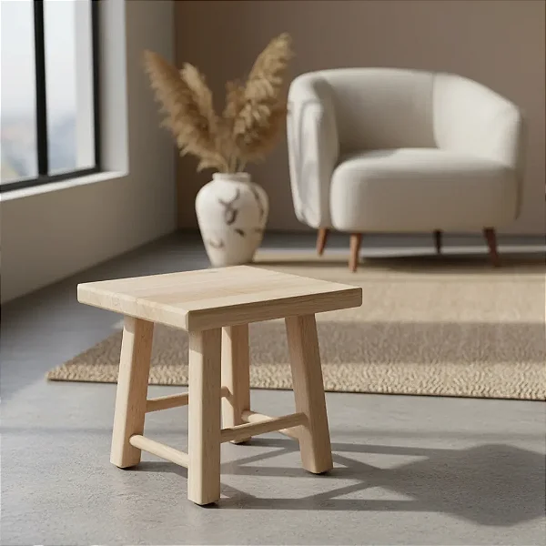 Banquinho Infantil em Madeira Pinus Cru Banqueta Baixa Artesanal 24x21Cm Cagema
