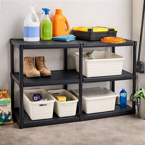 Estante Modular Preta Regulável Resistente Multiuso Conecta Reta 6 Prateleiras 20KG Cada Antares