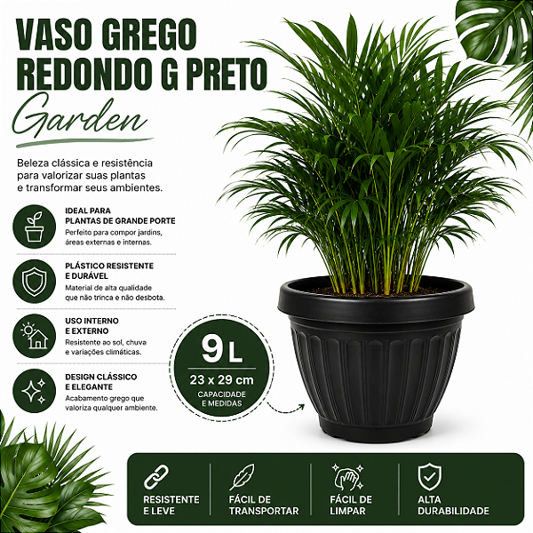 VASO GREGO REDONDO G PRETO GARDEN - 9L 23X29CM