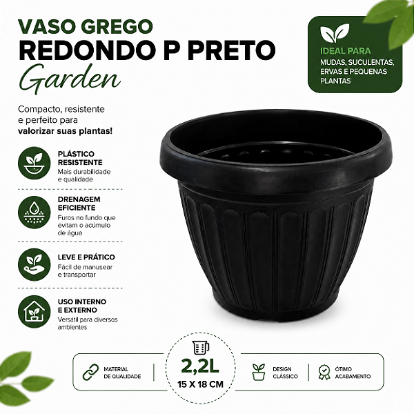 VASO GREGO REDONDO P PRETO GARDEN - 2,2L 15X18CM