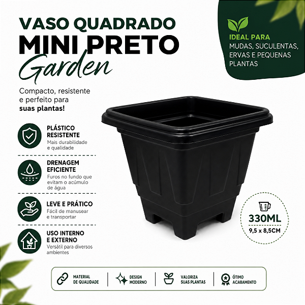 VASO QUADRADO MINI PRETO 330ML 9,5x8,5CM GARDEN