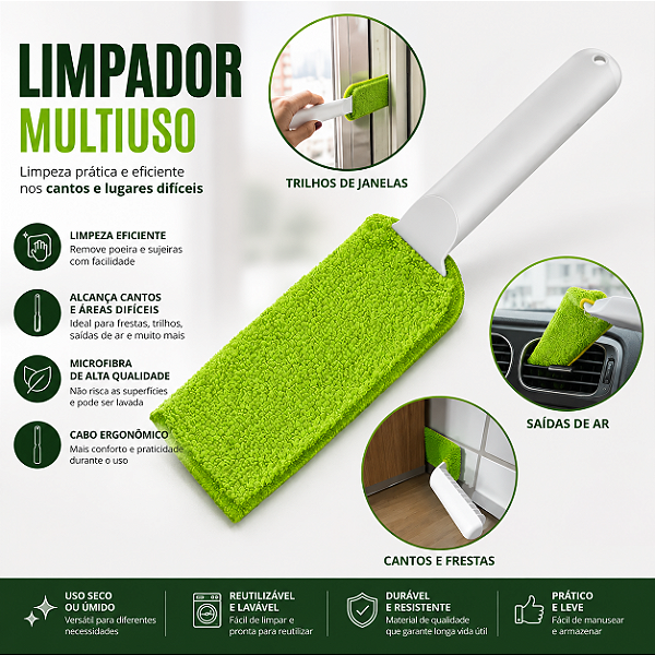 Limpador Multiuso Para Trilhos, Box e Cantos com 2 Refils de Microfibra