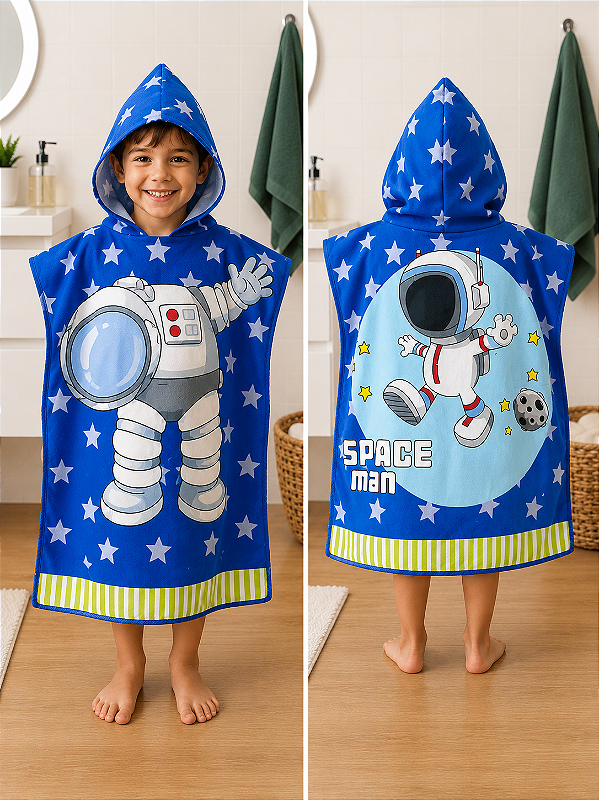Toalha de Banho Infantil Com Capuz Estampa Astronauta Frente e Verso