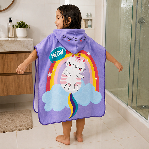 Toalha de Banho Infantil Com Capuz Estampa Gatinha Frente e Verso