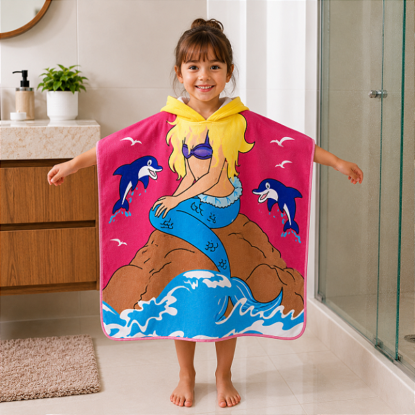 Toalha de Banho Infantil Com Capuz Estampa Sereia Frente e Verso