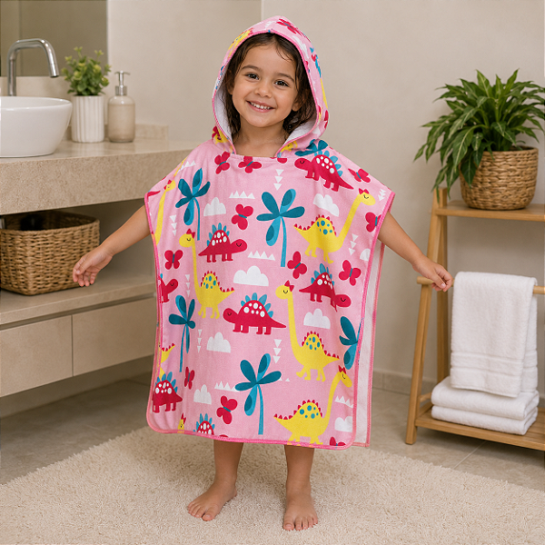 Toalha de Banho Infantil Com Capuz Estampa Dinossauros Rosa Frente e Verso