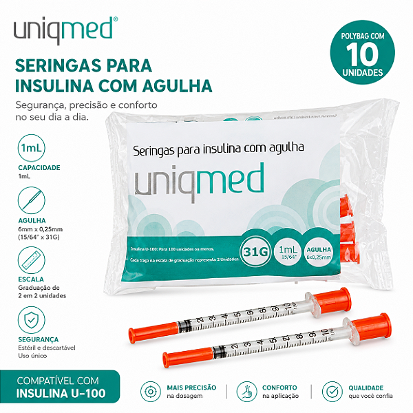 1ML 6MM X 31G POLYBAG SERINGAS PARA INSULINA UNIQMED 1 POLYBAG COM 10 UNIDADES
