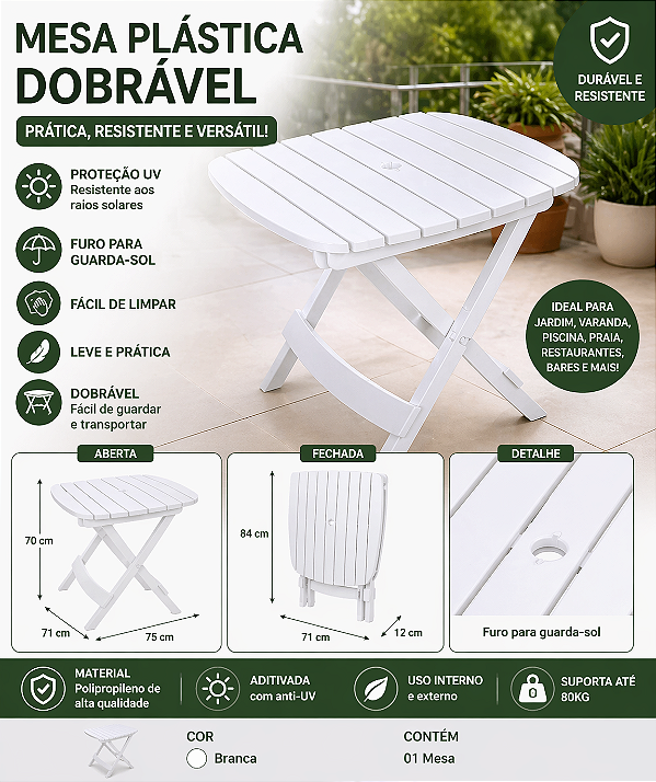 Mesa Plástica Dobrável Branca Com Furo Para Guarda Sol Resistente UV Antares