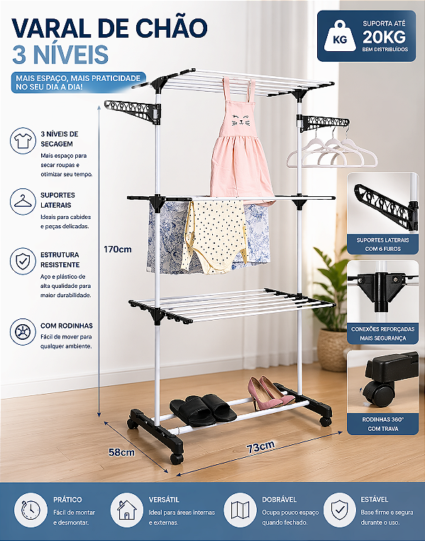 Varal de Roupa Dobrável Vertical Aço Inox 3 Andares com Rodinhas e Cabides 123 Organizei