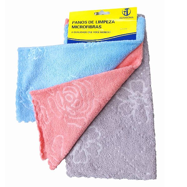 Kit 3 Panos De Microfibra 30x30cm Limpeza em Geral Cores Sortidas Casa Cozinha