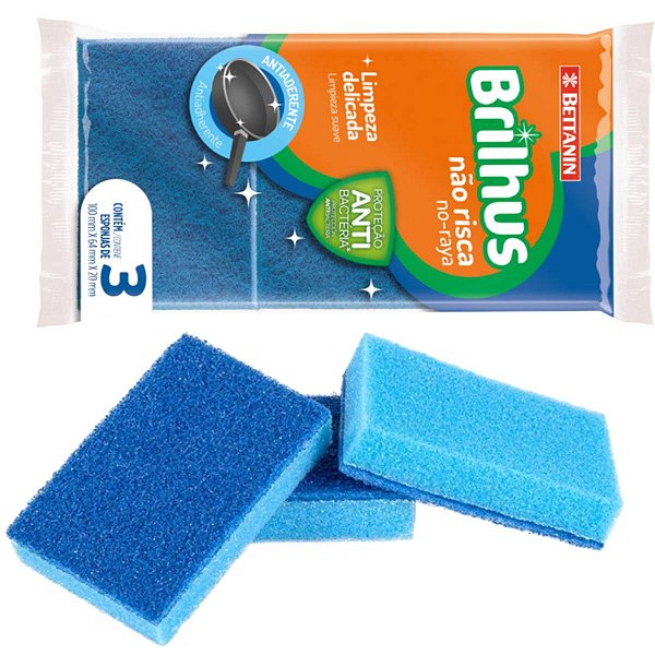 Esponja Não Risca Brilhus Com 3 Unid. Azul Multiuso Bettanin