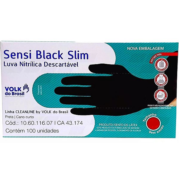 Luva Descartável Látex Nitrílico Preta Sensi Black EG Volk