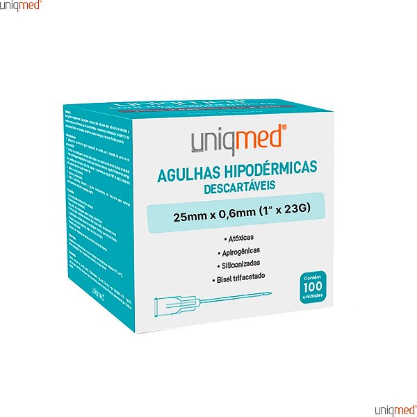 Kit 100 un Agulha HiPodérmica Descartável 25x0,6 23g Uniqmed