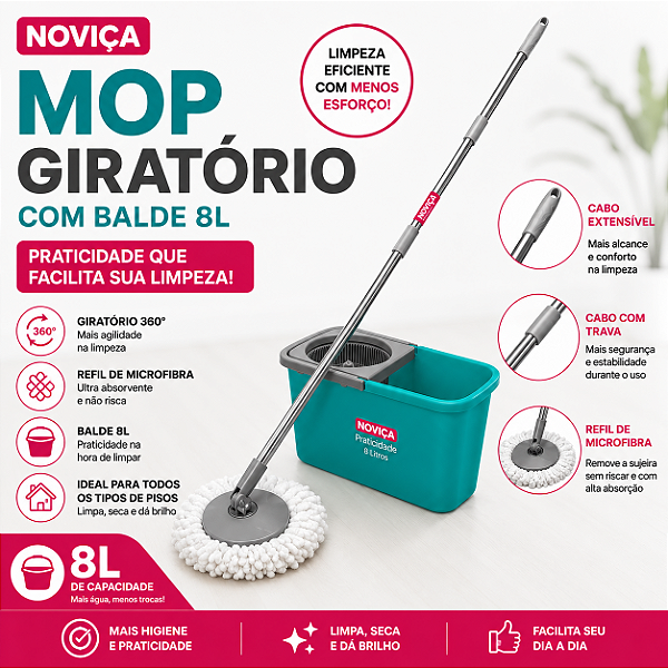 Mop Limpeza Pesada 8 Litros Com Cabo e Refil em MIcrofibra Slim Bettanin