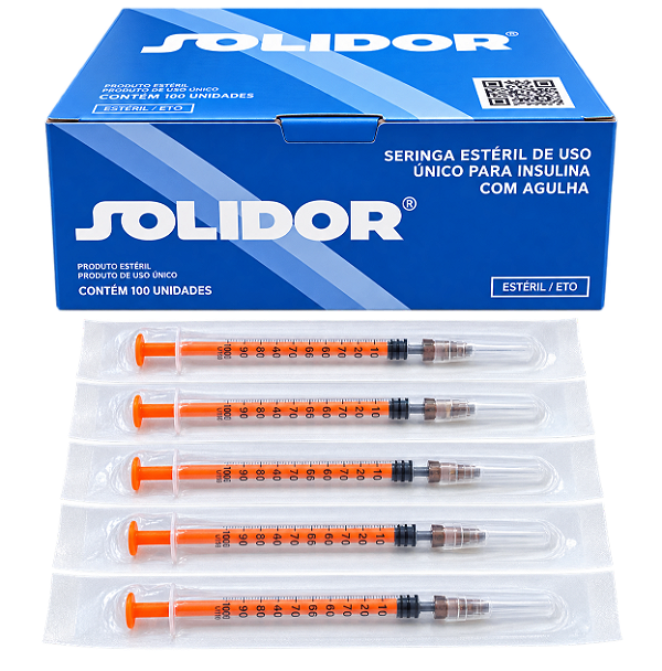 Seringa Insulina Com Agulha 1mL 100UI 26G 13x0,45mm 100 Unidades Solidor