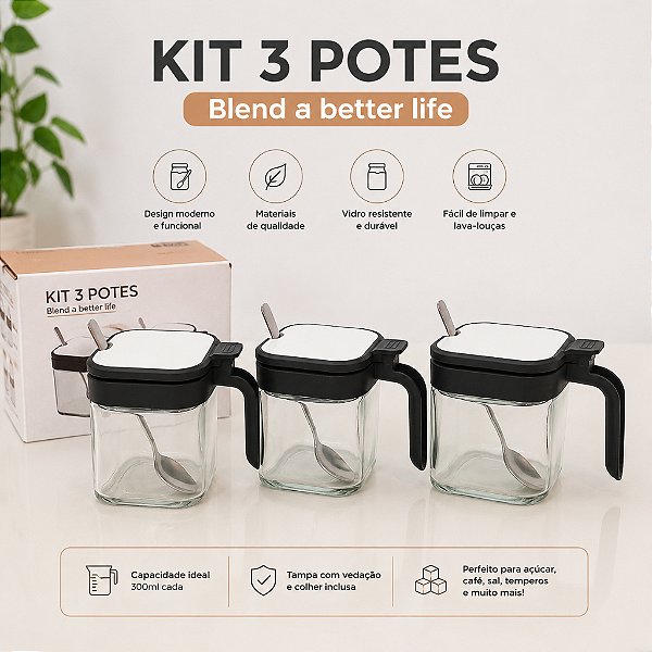 Kit 3 Porta Condimentos Vidro 300ml Com Colher Inox Sal Açúcar Café Tempero Organizador Cozinha