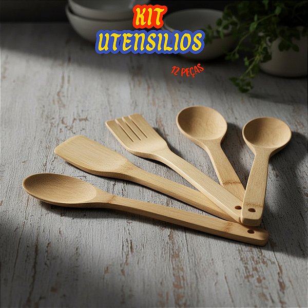Kit Conjunto De Utensílios Bambu 5 Peças Colher De Pau Artesanal Cozinha Moderna