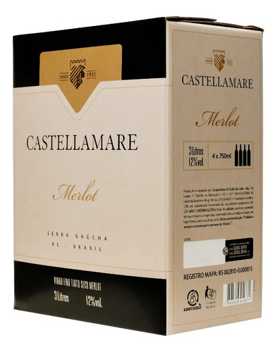 Vinho Merlot Tinto Seco Castellamare 3l Bag In Box