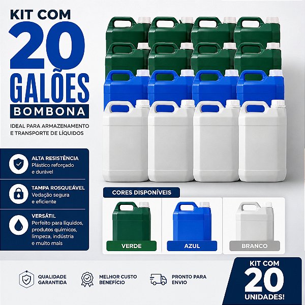Galão Bombona Plástico 5 Litros Kit 20 Unidades Verde Azul Ou Banco Ideal para Água e Produtos Limpeza