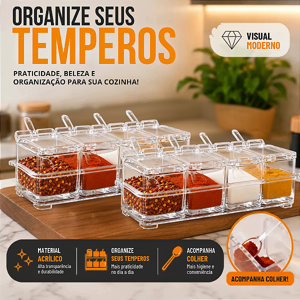 Kit 2 Porta Temperos 4 em 1 com Colher Acrílico Organizador para Sal Açúcar e Especiarias