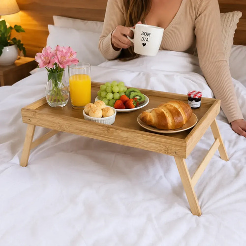 Mesinha De Café Da Manhã Bandeja Madeira Pezinho Dobrável Madeira Bambu 50x20