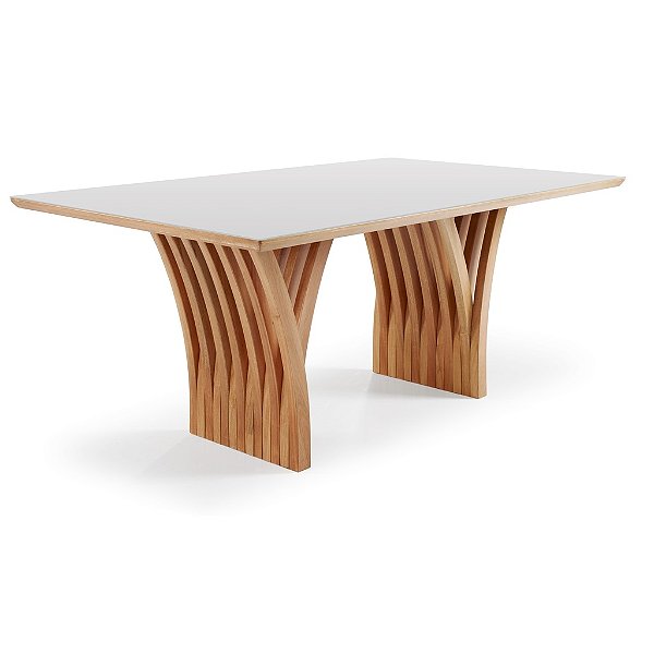 Mesa 6 a 12 Lugares Brendy Madeira Maciça - Tampo de Vidro Off White Perolizado - Acabamento Castanho