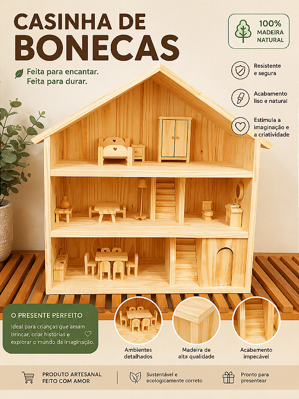 Casinha de bonecas mobiliada em madeira de pinus