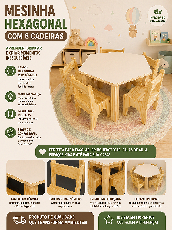 Jogo de mesinha hexagonal com 6 cadeiras em madeira de pinus