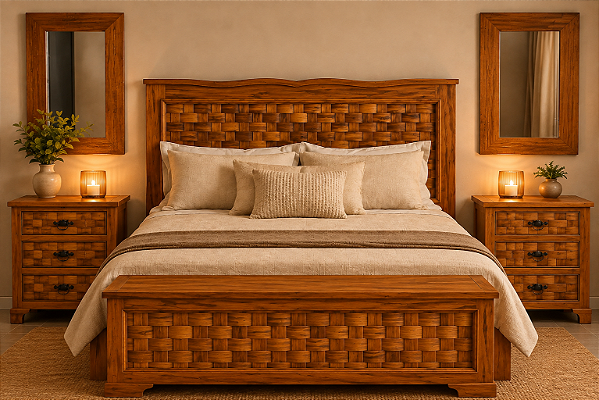 Jogo de Quarto Vila Rica Queen – Cama + Baú +2 mesas de cabeceira + 2 Molduras de espelho em Madeira de Demolição