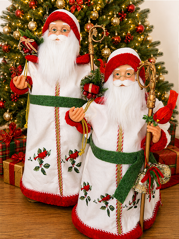 Papai Noel Decorativo com cajado e cardeal em pé 80 cm