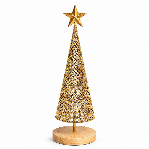 Árvore Decorativa em Metal Dourado com Base de Madeira 60 cm