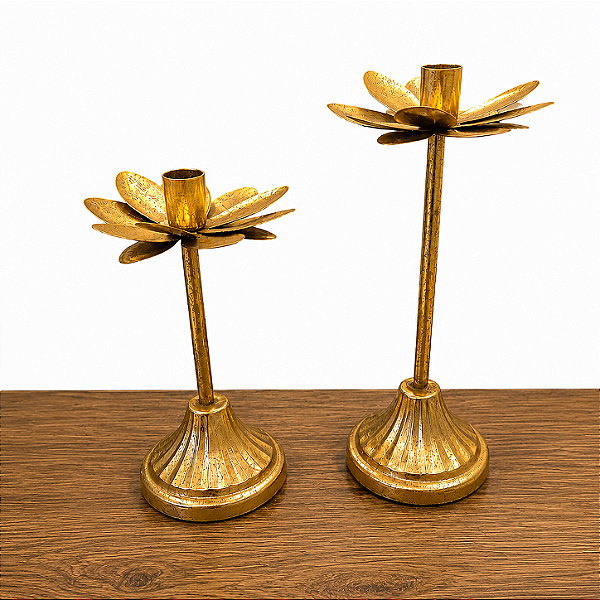Castiçal Flor Dourado em Metal 30 cm