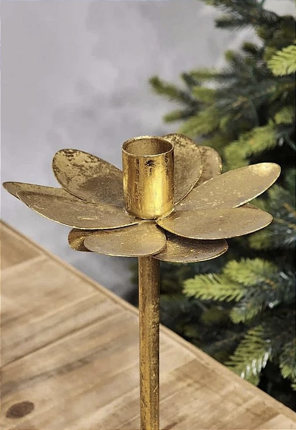 Castiçal Flor Dourado em Metal 24 cm
