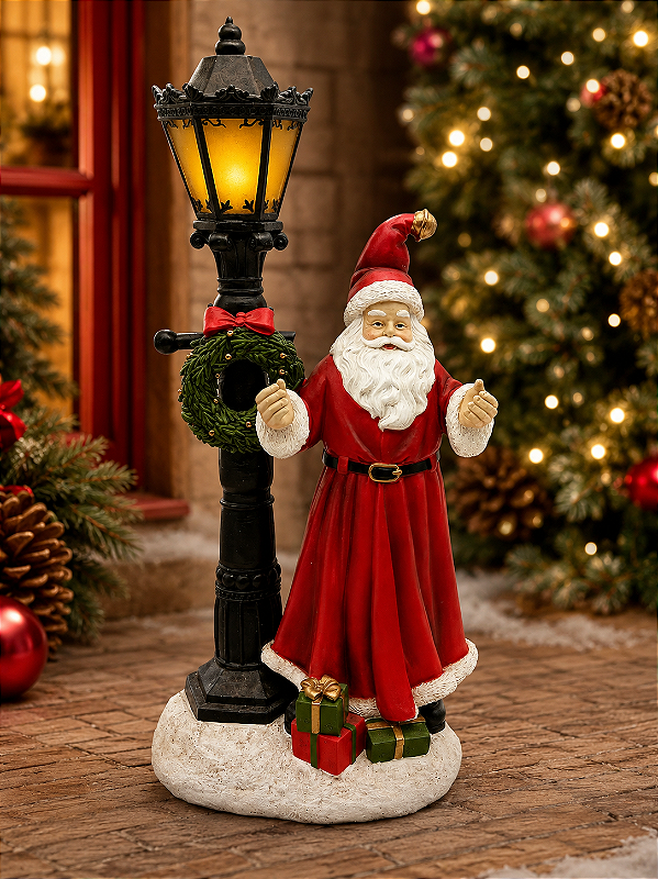 Papai Noel com Poste Iluminado em Resina 38 cm | Iluminação LED a Pilha