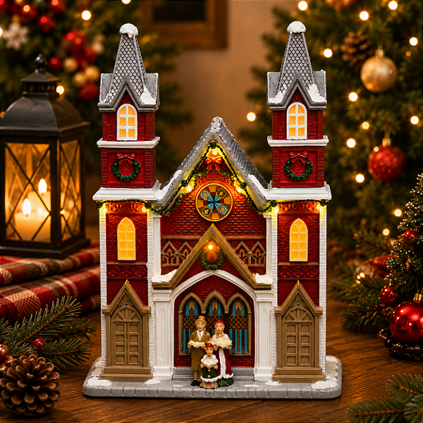 Igreja Natalina em Resina com LED 28 cm