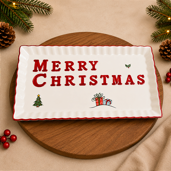 Travessa Retangular em Cerâmica "Merry Christmas" 38 cm