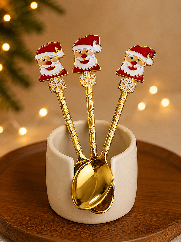 Kit com 6 Colheres de Natal em Metal Dourado Árvore de Natal e Papai Noel 11 cm