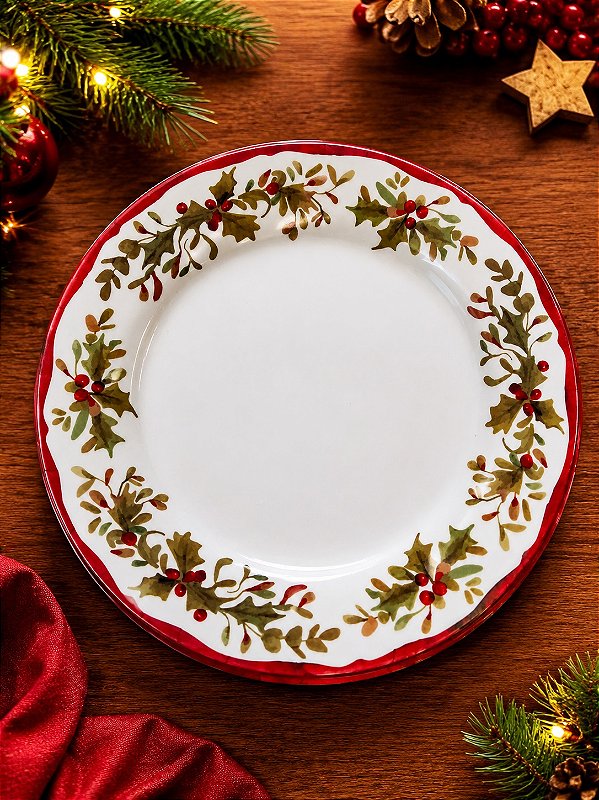 Prato Raso em Melamina com Estampa de Azevinhos Natalinos - 28cm